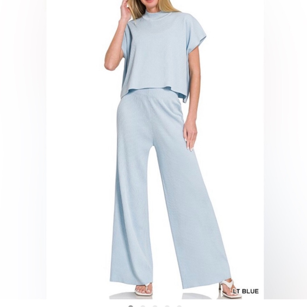 Light Blue Wide-Leg Knit Pants Set